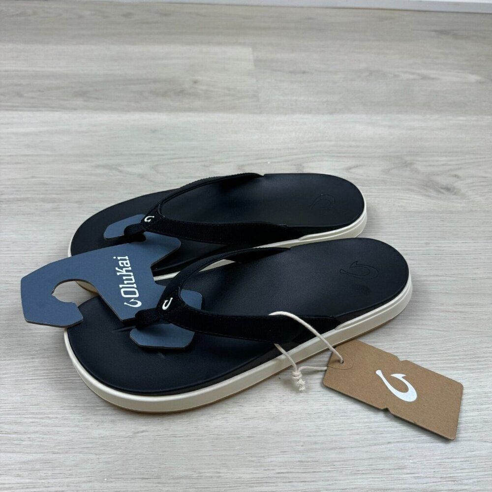 OluKai Nu‘a Pi‘o Thong Sandals Womens 11 Black Pio Flip Flops Beach NEW‎